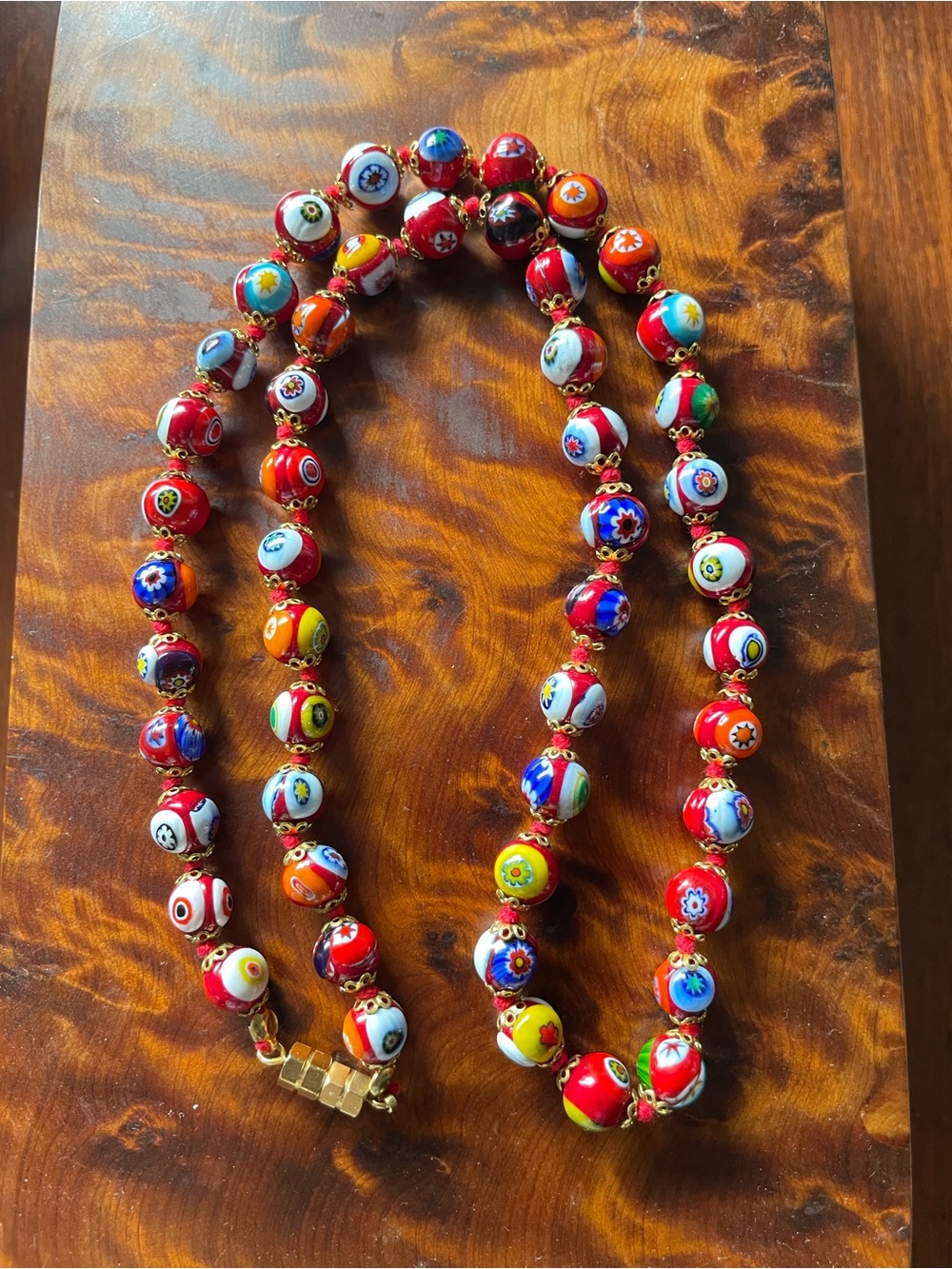 Vintage Colorful Red Blue Italy Murano Millefiori Glass Bead Necklace 22 inch